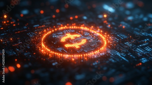 Glowing digital currency symbol on circuit board.