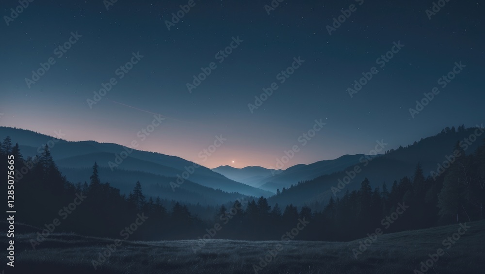 Obraz premium Nighttime landscape featuring mountains and trees. A flat outdoor scene with distant hills and a serene background. A cartoonish style ideal for web design and UX UI concepts.