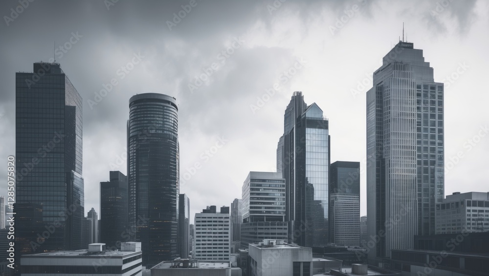 Image of a contemporary city against a white backdrop allowing space for notes. Featuring business achievements, international firms, high-rise buildings, and financial establishments.