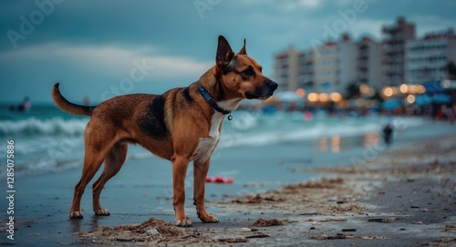 Fototapeta Naklejka Na Ścianę i Meble -  Dog on a public beach in Izmir, Turkey, standing on the sand.