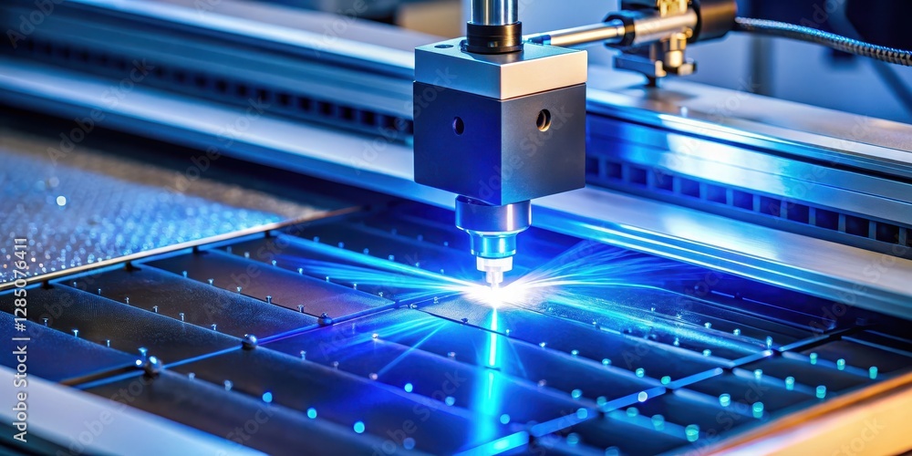 High-tech laser engraving machine in action, emitting bright blue light as it cuts through a material, precision cutting, high tech High-tech laser engraving machine in action, emitting bright blue light as it cuts through a material, precision cutting, high tech