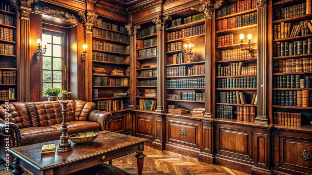 Ornate wooden bookshelves lined with leather-bound books and vintage manuscripts in a cozy study room, classics books, traditional wooden bookshelves Ornate wooden bookshelves lined with leather-bound books and vintage manuscripts in a cozy study room, classics books, traditional wooden bookshelves