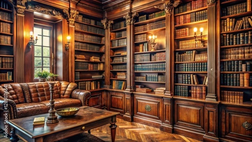 Ornate wooden bookshelves lined with leather-bound books and vintage manuscripts in a cozy study room, classics books, traditional wooden bookshelves photo