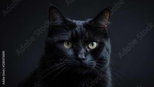 Intimate portrait of a black cat gazing at the camera, set against a dark background.