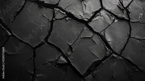 Close-up view of cracked, dark gray, textured surface resembling dry earth or stone.