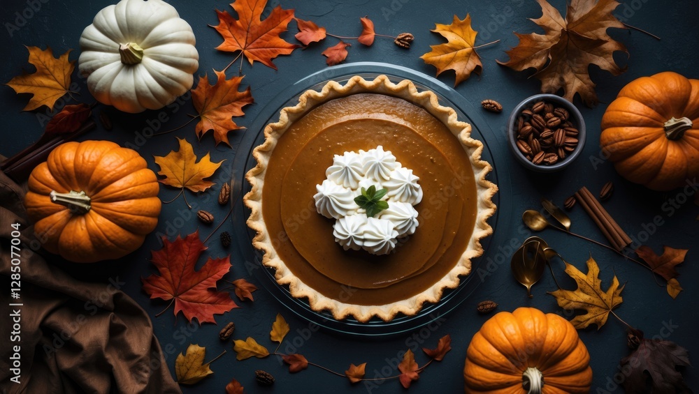 Autumn table arrangement featuring a pumpkin pie Autumn table arrangement featuring a pumpkin pie