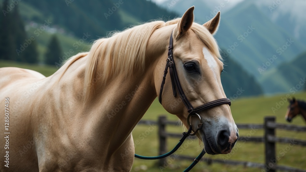 Naklejka premium Portrait of a Haflinger horse in the South Tyrol region, showcasing its palomino coloring.
