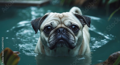 Pederneiras SÃ£o Paulo Brazil - 11 17 2019 Charming female white pug swimming. photo