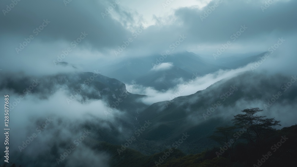 A wide-angle perspective of a mist-covered mountainous landscape. A wide-angle perspective of a mist-covered mountainous landscape.