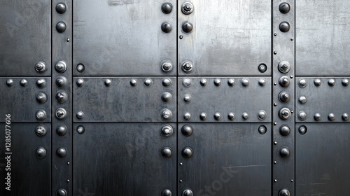 Dark metallic texture background with rivets.  Close-up view of industrial steel plates with circular fasteners.