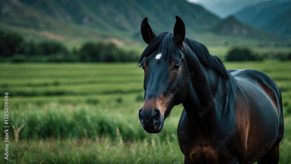 curious dark brown horse gazing on a green meadow in the Argentine countryside curious dark brown horse gazing on a green meadow in the Argentine countryside