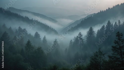Fototapeta Naklejka Na Ścianę i Meble -  Serene morning view of a foggy forested mountain range in Poland.