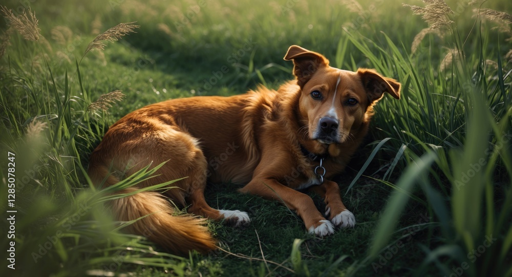 Ginger shelter dog of mixed breed relaxing in the grass Ginger shelter dog of mixed breed relaxing in the grass