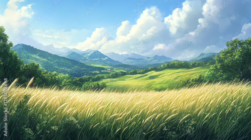 Obraz premium Vibrant field with mountains and clouds.