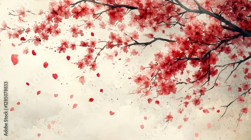 A delicate watercolor illustration of cherry blossoms with falling petals on a soft background.