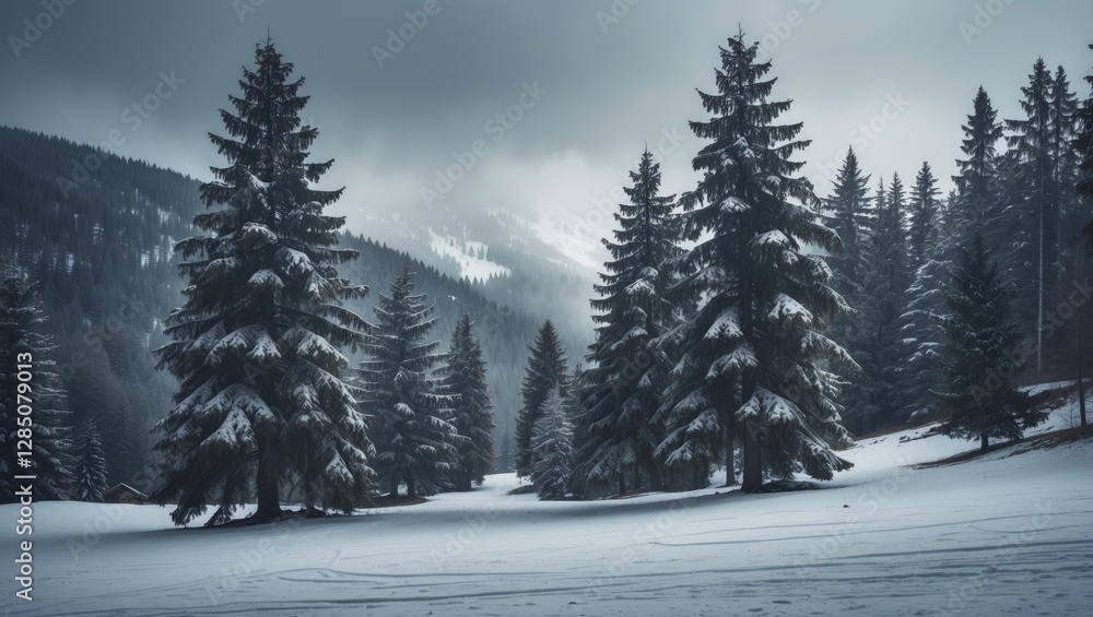 Fototapeta premium Evergreen trees at a snowy Carpathian ski resort