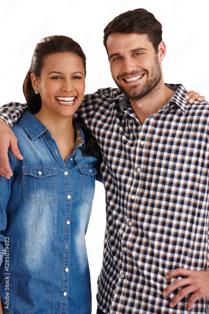 Love, portrait and smile with couple in studio on white background for romance or affection. Trust, safety and together with man, woman and hug for dating or partnership commitment for reunion Love, portrait and smile with couple in studio on white background for romance or affection. Trust, safety and together with man, woman and hug for dating or partnership commitment for reunion