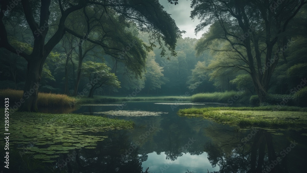 Serene view of a tranquil pond surrounded by vibrant greenery Serene view of a tranquil pond surrounded by vibrant greenery