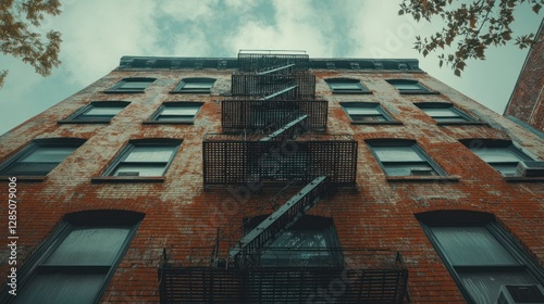 Low angle view of a weathered brick building with a prominent fire escape.