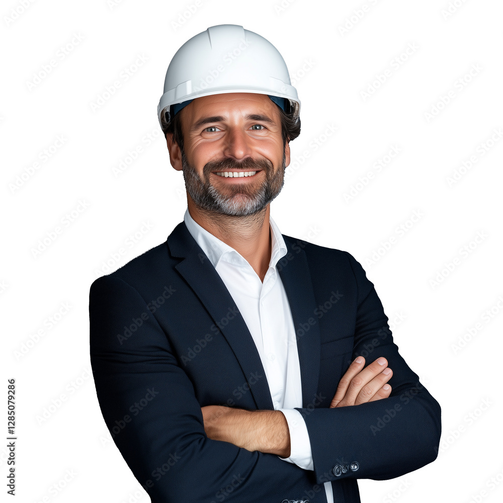Construction manager smiling confidently wearing hard hat on transparent background Construction manager smiling confidently wearing hard hat on transparent background