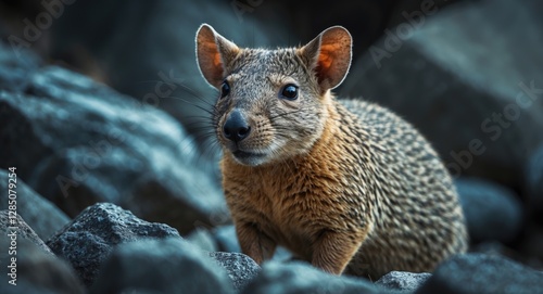 Portrait of a Bush Hyrax (Heterohyrax brucei) amidst rocky surroundings
