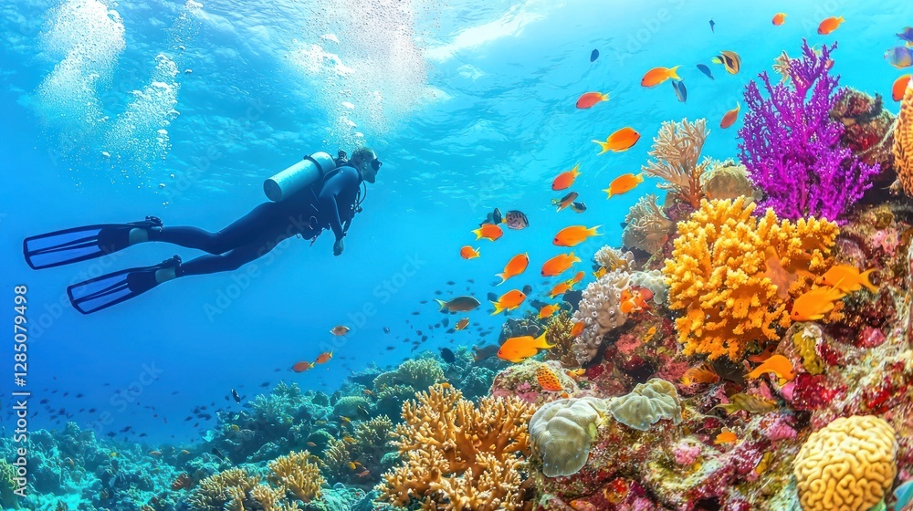 Fototapeta premium Underwater Paradise: A Diver Explores Vibrant Coral Reef