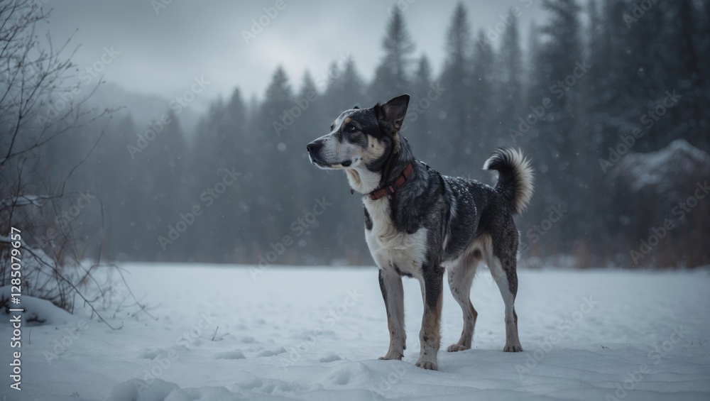 Naklejka premium A dog is standing amidst the snow.