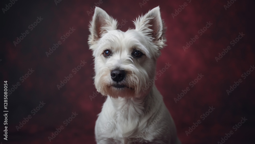 Highland White Terrier against a burgundy backdrop.