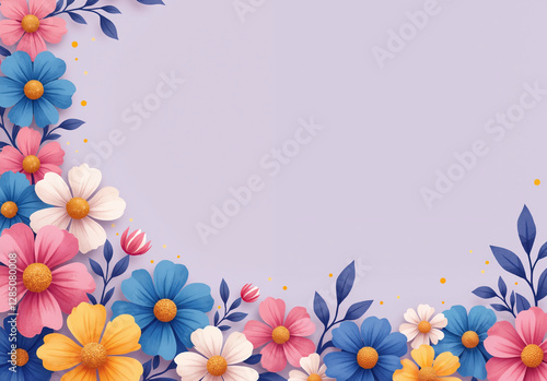  Colorful floral border background with paper cut flowers and empty copy space.