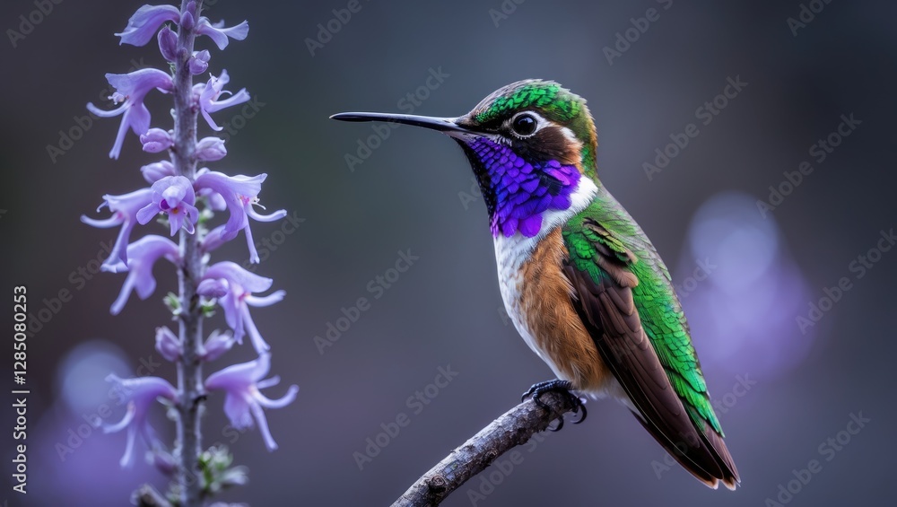 Fototapeta premium Vibrant-throated Woodstar (Calliphlox mitchellii). Colorful hummingbird resting on a slender branch.