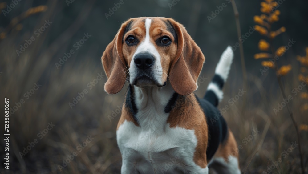 Beagle dog standing against a natural backdrop Beagle dog standing against a natural backdrop