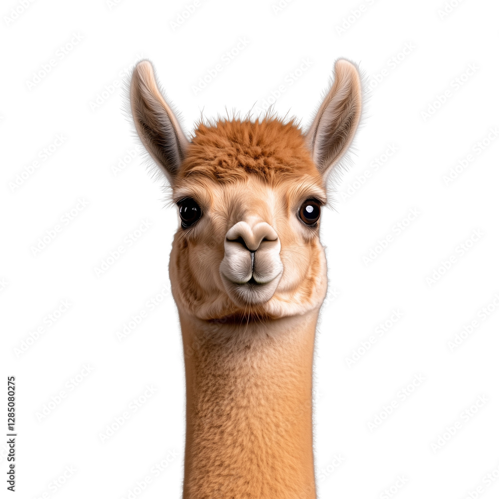 Fototapeta premium Adorable llama portrait on transparent background showcasing expressive features and soft fur