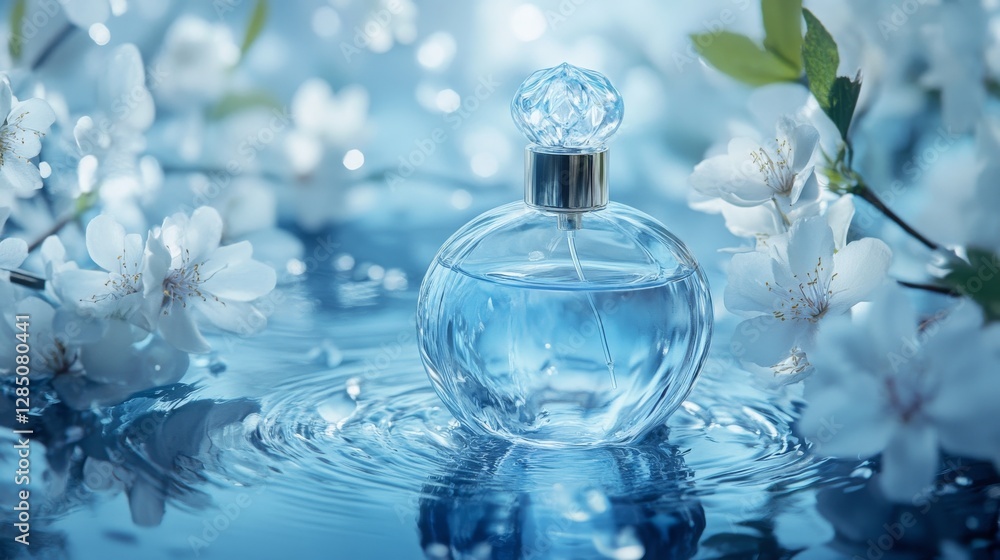 A timeless luxury perfume rests in a pool of shimmering waves, floral beauty cascading around it, set in a deep, atmospheric blue background with impeccable 8K detail. A timeless luxury perfume rests in a pool of shimmering waves, floral beauty cascading around it, set in a deep, atmospheric blue background with impeccable 8K detail.