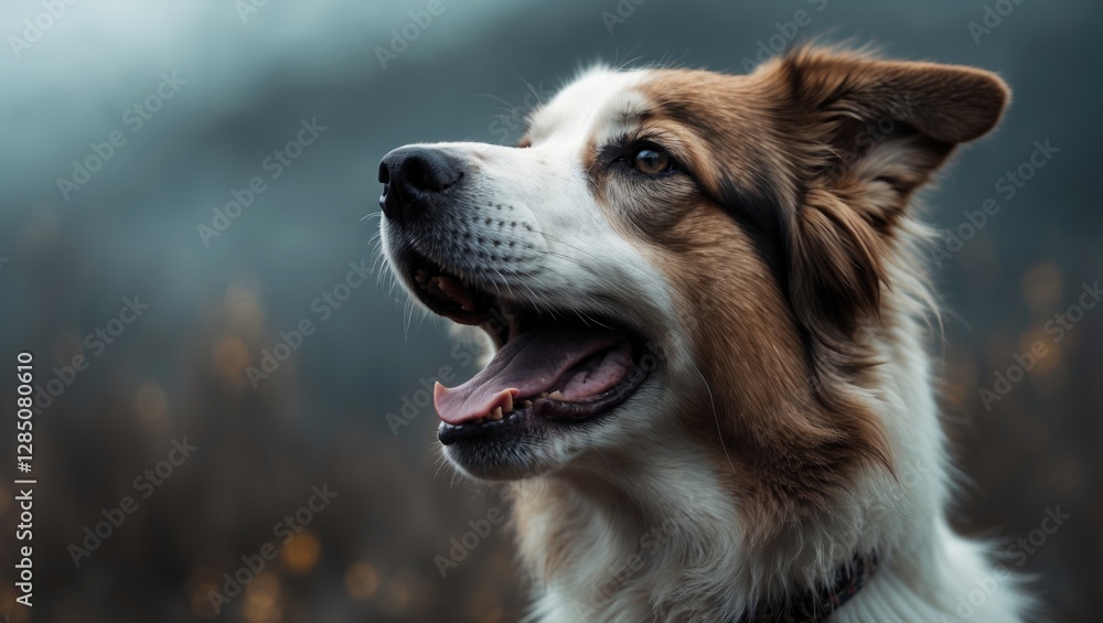 Close-up profile of a brown and white Greek shepherd dog with its mouth open, set against a soft-focus backdrop. Close-up profile of a brown and white Greek shepherd dog with its mouth open, set against a soft-focus backdrop.