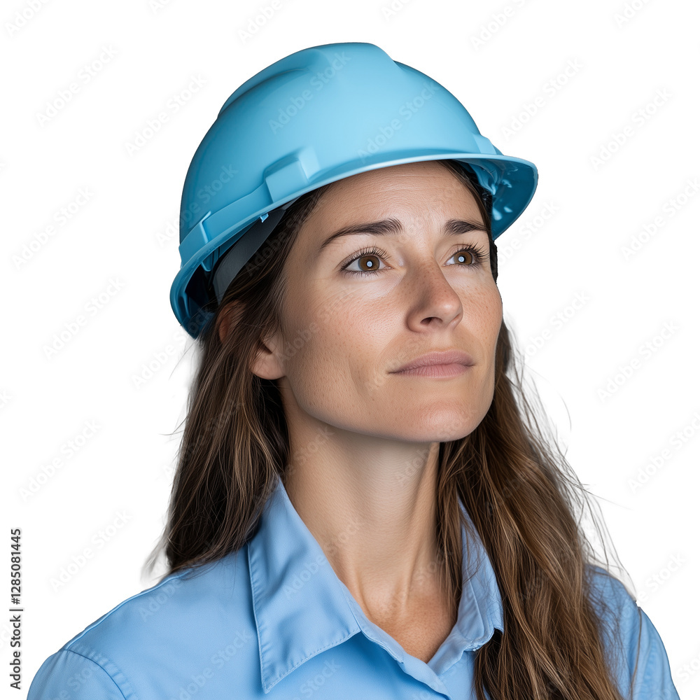 Female construction worker wearing a blue hard hat with transparent background Female construction worker wearing a blue hard hat with transparent background
