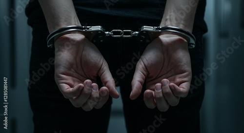 Close-up of hands in handcuffs behind the back in a dark environment, symbolizing arrest, crime, and the justice system. Ideal for law enforcement, criminal justice, and legal themes.