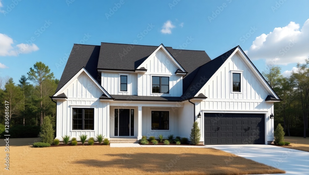 Facade of newly built home featuring white siding, black accents, and vibrant blue skies. Facade of newly built home featuring white siding, black accents, and vibrant blue skies.