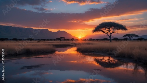 Fototapeta Naklejka Na Ścianę i Meble -  Stunning sunset over the water, showcasing the Kruger National Park in South Africa