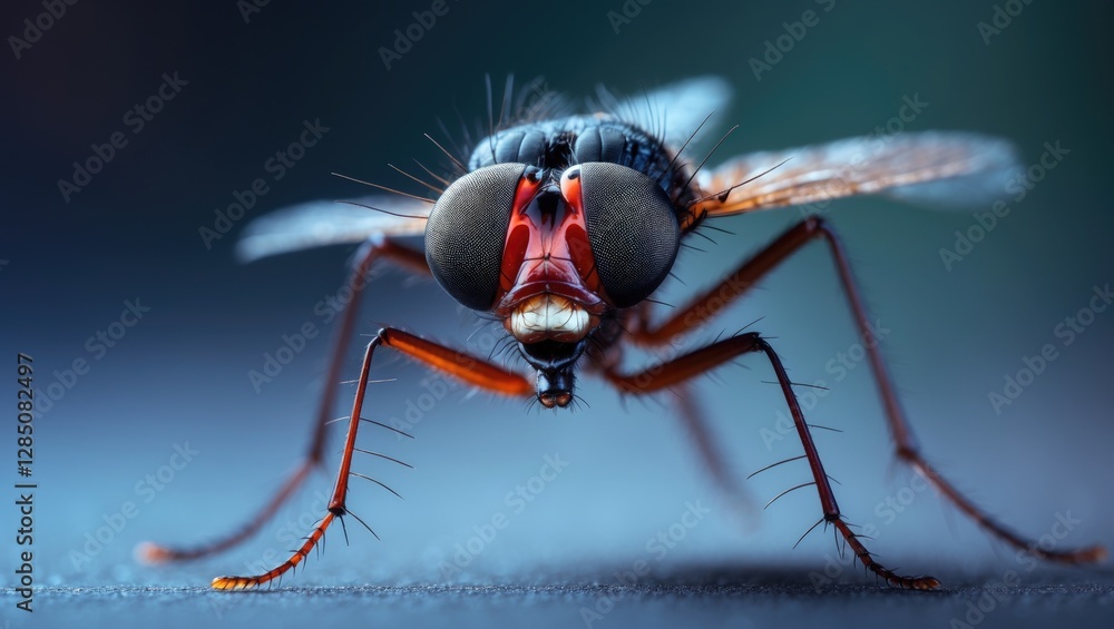 Fototapeta premium Highly detailed and sharp macro portrait of a Long-legged fly (Dolichopodidae), showcasing its clear eye and face. This insect is native to Thailand and captured with super macro equipment, focusin...