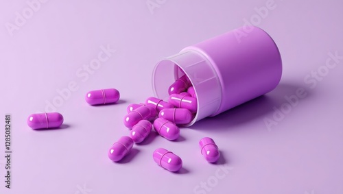 Violet capsules for nutritional wellness, pharmaceutical brand products, probiotic pills as health supplements for pharmaceutical advertising photo