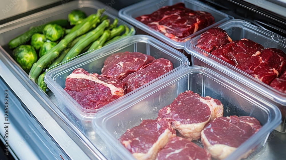 Fresh Cuts of Beef in Containers with Green Vegetables in a Modern Refrigerator Fresh Cuts of Beef in Containers with Green Vegetables in a Modern Refrigerator