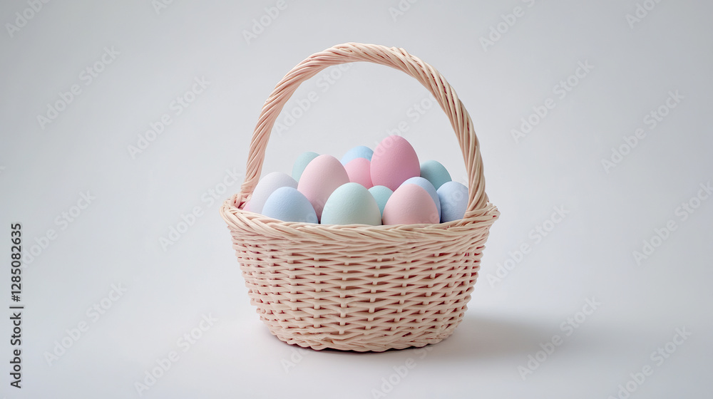 Pastel Easter eggs in wicker basket on white background Pastel Easter eggs in wicker basket on white background