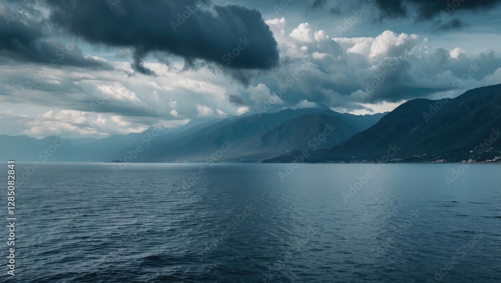 Coastal view featuring mountains and clouds in Albania Coastal view featuring mountains and clouds in Albania