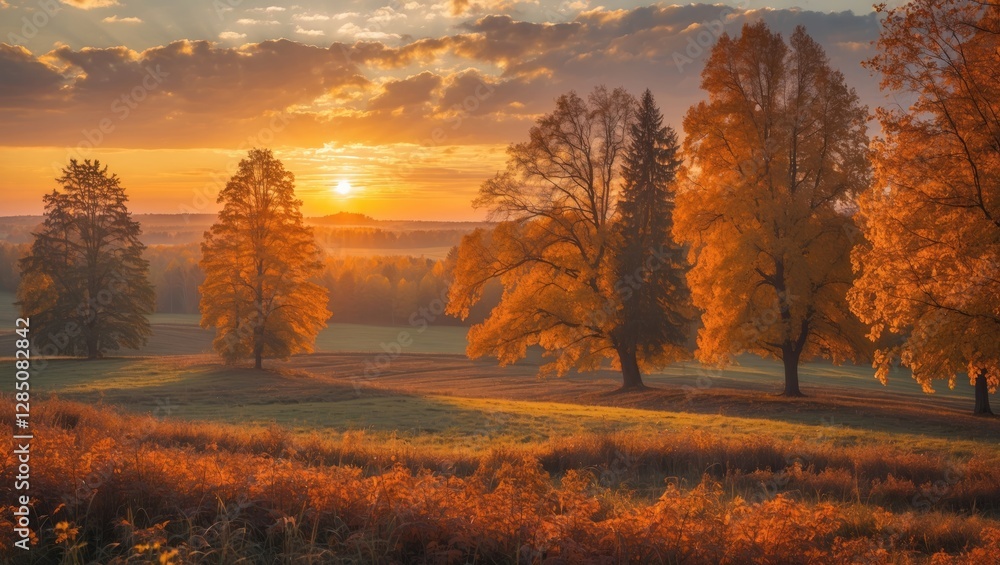 Fototapeta premium Scenic autumn view with trees at sunset in Poland.