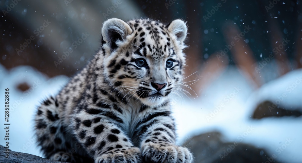 Obraz premium Snow Leopard Kitten relishes a frigid day at the Bronx Zoo.