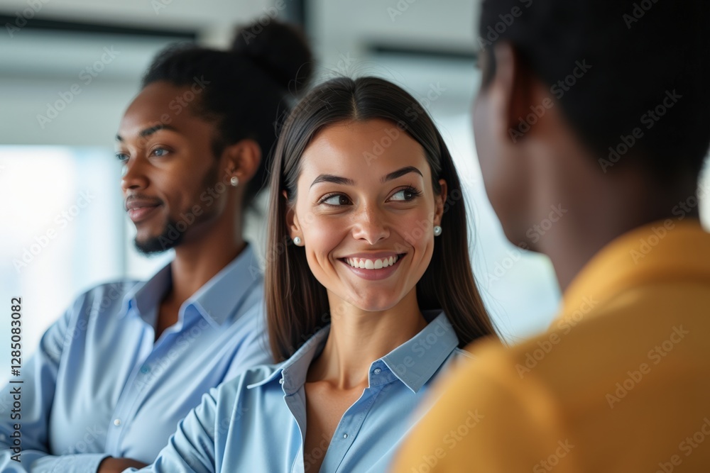 Group of Young Professionals with Diverse Backgrounds Engaged in Conversation in a Modern Office Space, Highlighting Collaboration and Teamwork Group of Young Professionals with Diverse Backgrounds Engaged in Conversation in a Modern Office Space, Highlighting Collaboration and Teamwork