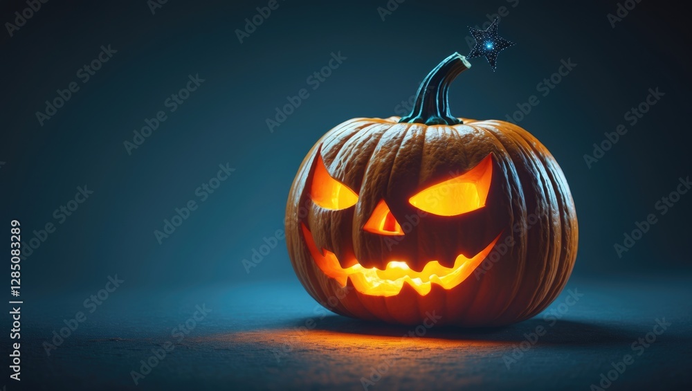 Smiling jack-o'-lantern with a star, celebrating Halloween, digital rendering. Smiling jack-o'-lantern with a star, celebrating Halloween, digital rendering.