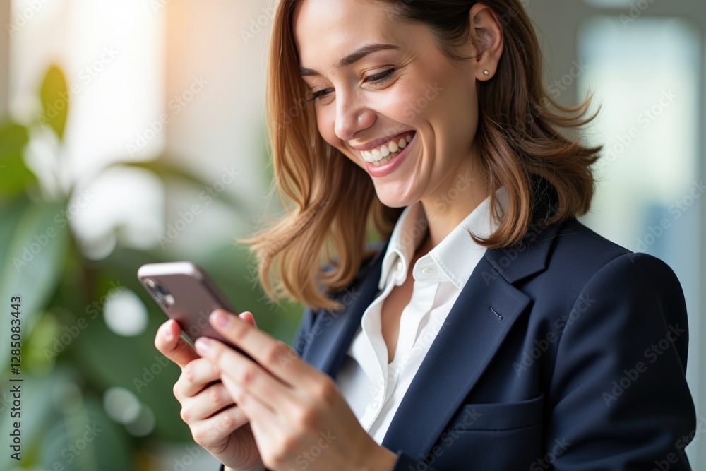 Smiling Young Woman Engaged in Smartphone Activity in a Modern Office Setting Surrounded by Indoor Plants, Capturing Contemporary Work-Life Interactions Smiling Young Woman Engaged in Smartphone Activity in a Modern Office Setting Surrounded by Indoor Plants, Capturing Contemporary Work-Life Interactions