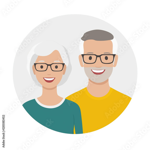Smiling Elderly Couple Avatar in Flat Style