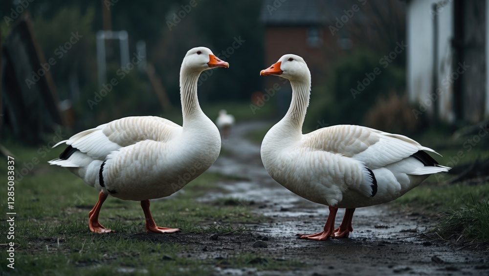 Two amusing white geese strolling through the messy grassy yard. Two amusing white geese strolling through the messy grassy yard.